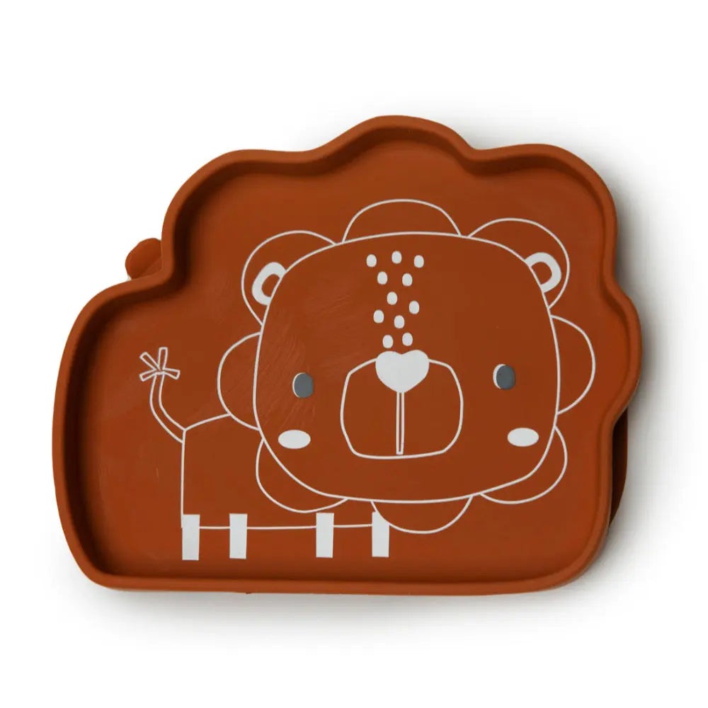 Loulou Lollipop Born To Be Wild silicone snack plate in orange, lion motif with a raised edge for easy scooping.