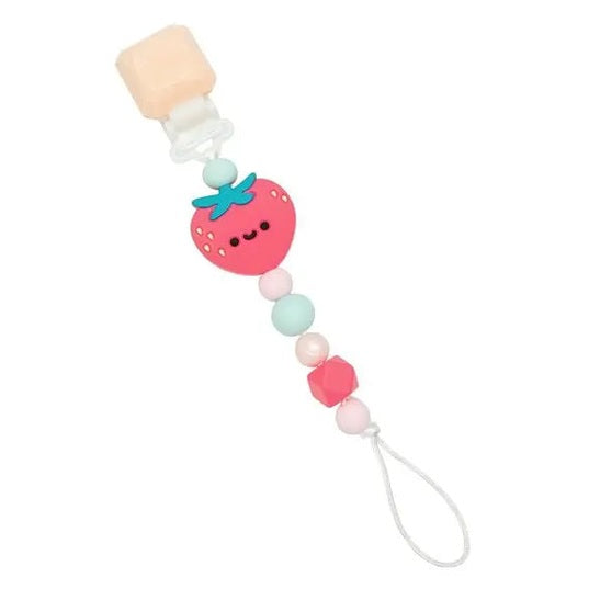 Loulou Lollipop Darling Pacifier Clips with pastel beads and pink strawberry charm, looped to attach to a pacifier.