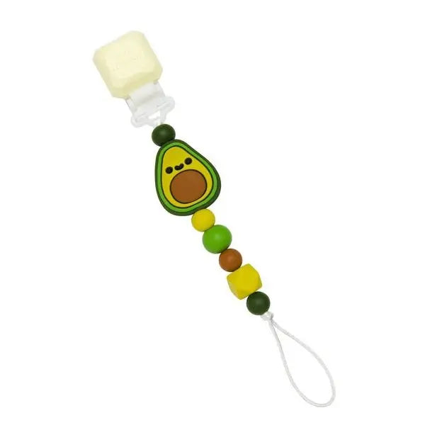 Loulou Lollipop Darling Pacifier Clips with avocado charm and green-yellow beads, clip secures pacifier to clothing.