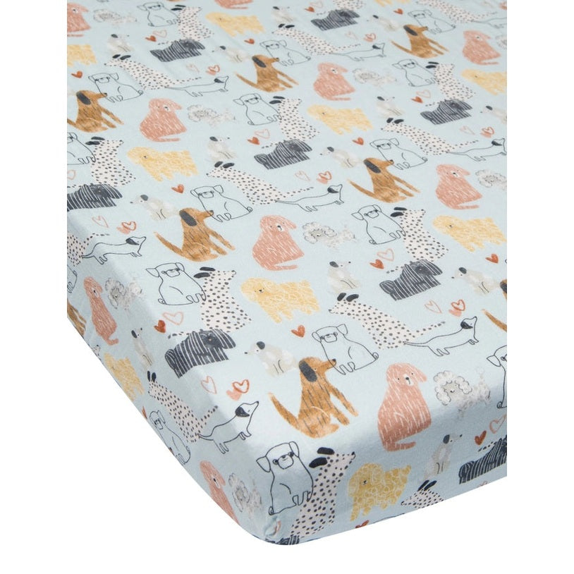 Loulou Lollipop fitted crib sheet in light blue with multicolor dog prints; elastic corners secure the fit.