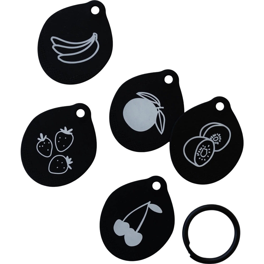 Loulou Lollipop flashcards set of five black round cards with white fruit illustrations and ring