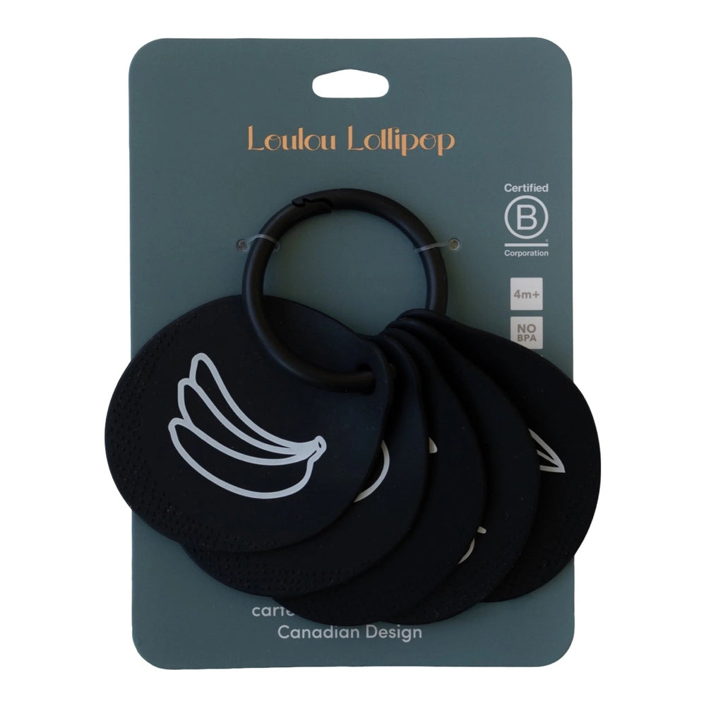 Loulou Lollipop flashcards set on a black ring with banana illustrations for babies