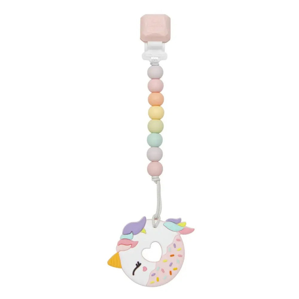 Loulou Lollipop Gem Pacifier Clip Teether Set with pastel silicone beads and a unicorn donut charm clipped to clothing.