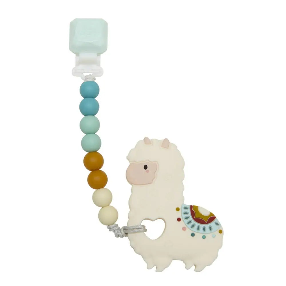 Loulou Lollipop Gem Pacifier Clip Teether Set with pastel silicone beads and alpaca charm clipped to a pacifier.