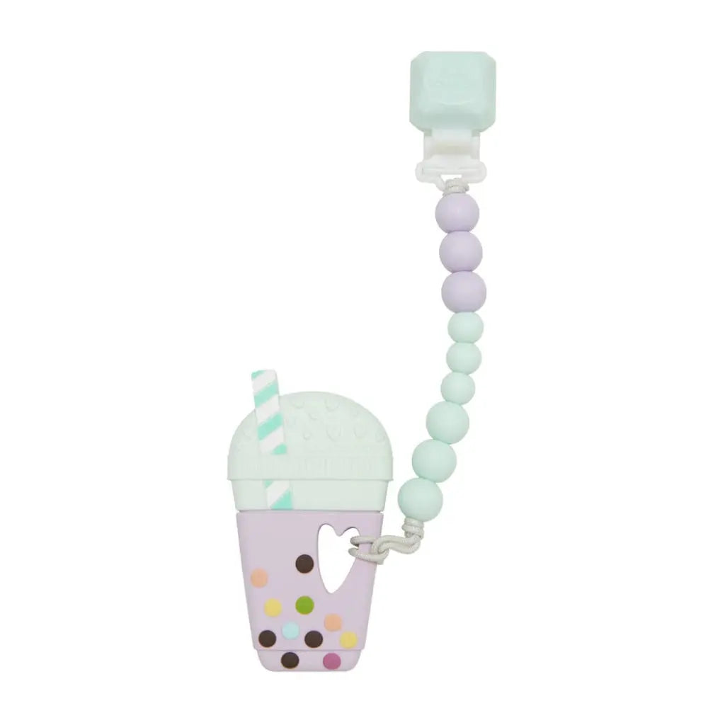 Loulou Lollipop Gem Pacifier Clip Teether Set with pastel bead chain and mint cup charm clipped to clothing.