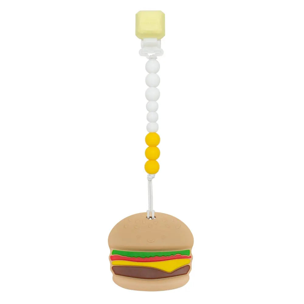 Loulou Lollipop Gem Pacifier Clip Teether Set featuring hamburger silicone teether and white-yellow bead chain.