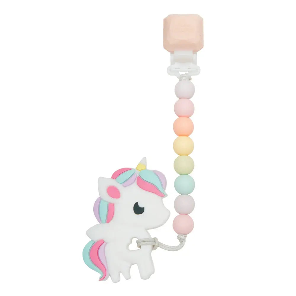 Loulou Lollipop Gem Pacifier Clip Teether Set: pastel silicone bead strand with a unicorn charm clipped to a baby pacifier.