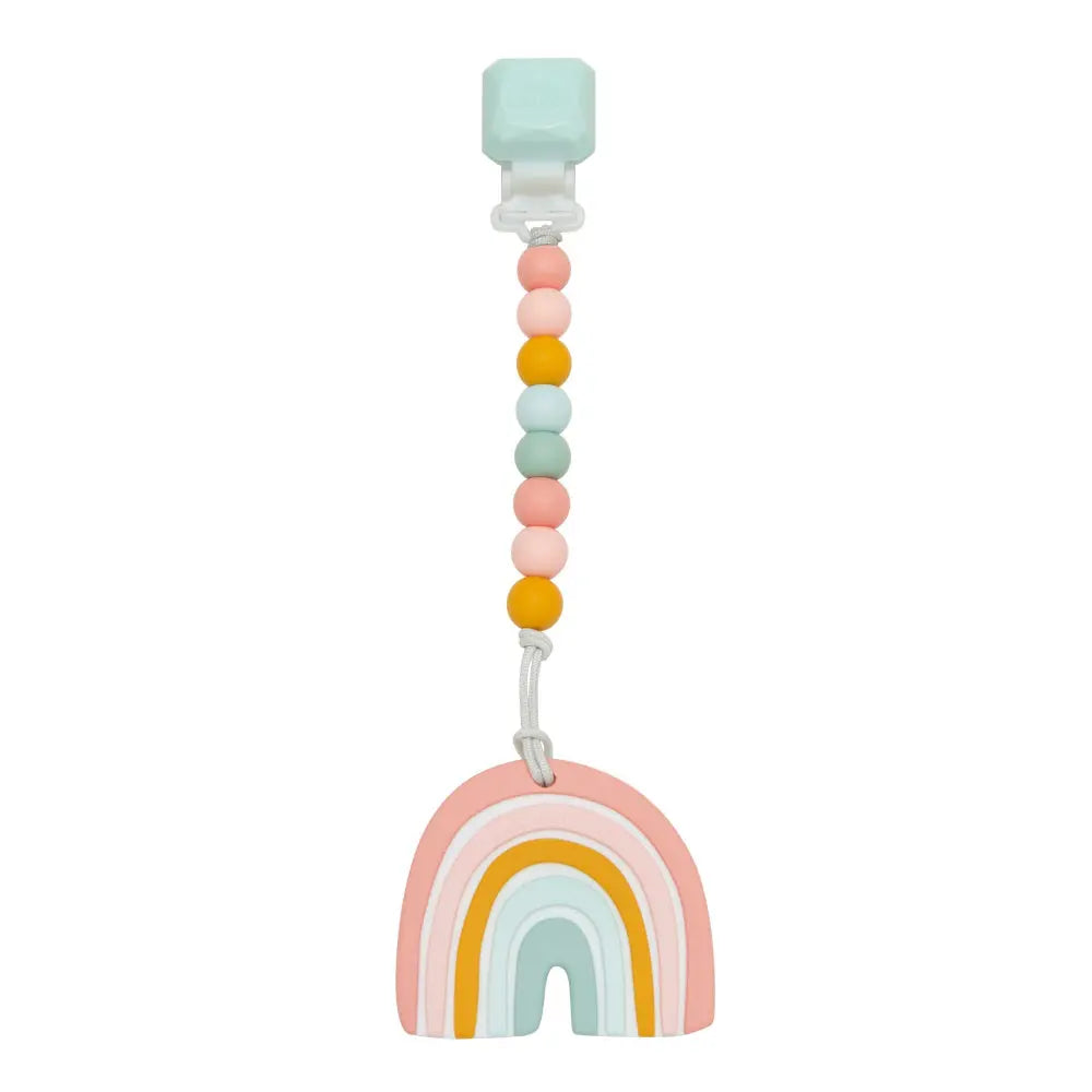 Loulou Lollipop Gem Pacifier Clip Teether Set, pastel bead strand attached to clip with a dangling rainbow silicone arc.