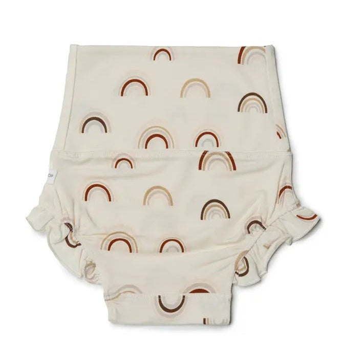 Loulou Lollipop Girl's Bloomer In Tencel Canyon Rainbow, ivory fabric with rainbow arches and ruffled leg openings