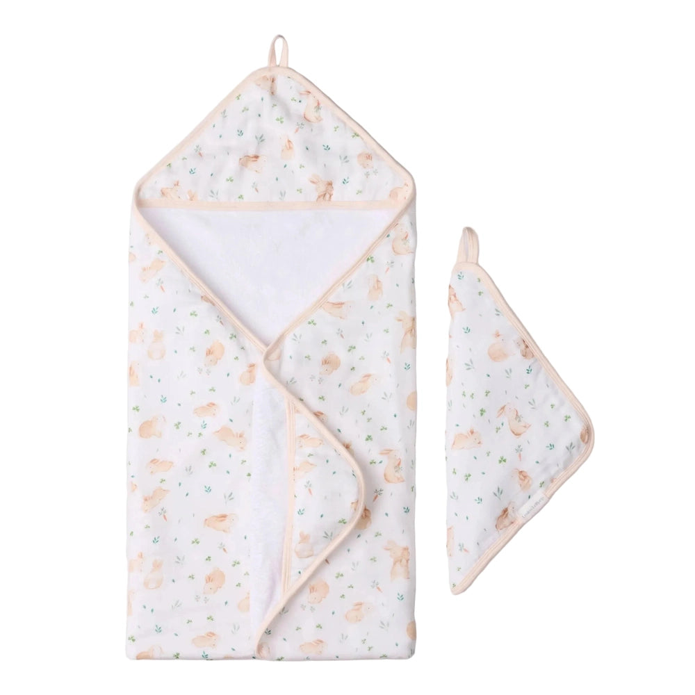 LOULOU LOLLIPOP Loulou Lollipop Hooded Towel Set hooded bath towel shown in image 1 of 50 with animal-inspired details and wrapped child vie