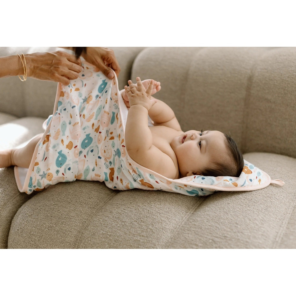 Loulou Lollipop Hooded Towel Set in Pastel Sea-Creature Print.