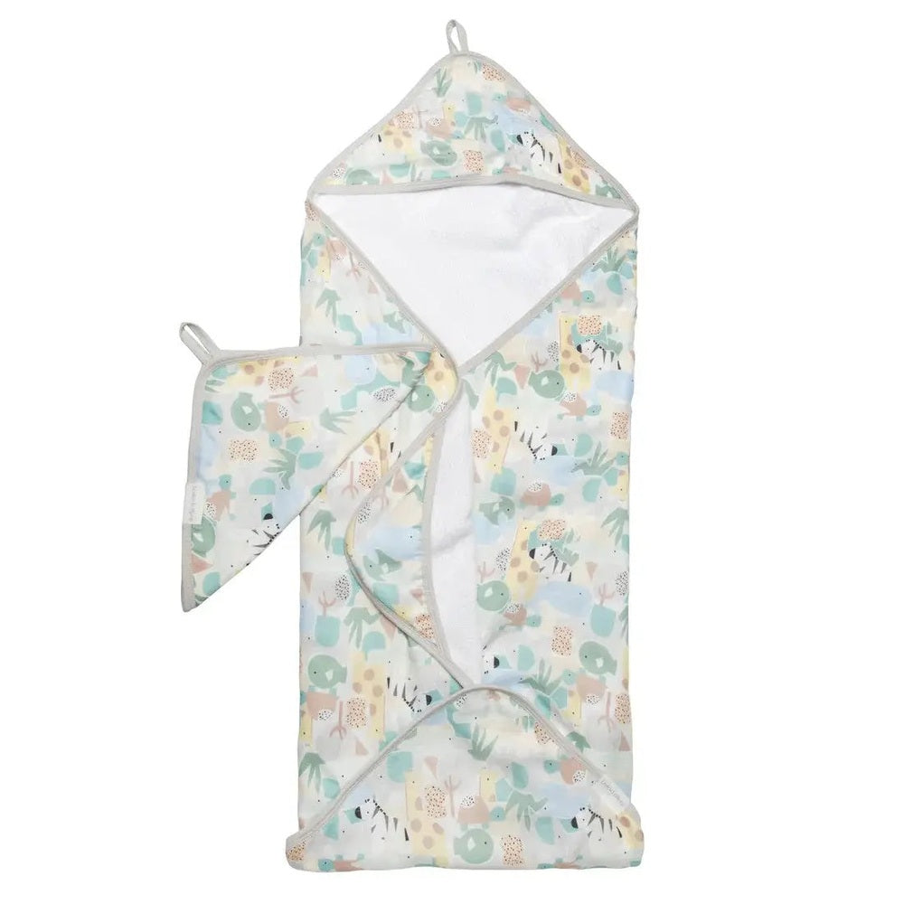 Loulou Lollipop Hooded Towel Set in pastel print with white interior, hood, and matching washcloths.