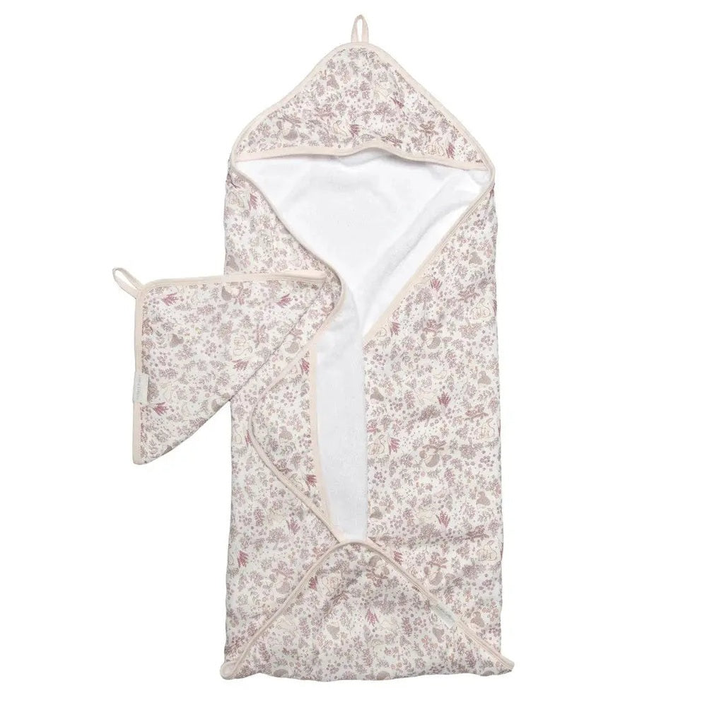 Loulou Lollipop Hooded Towel Set in pink floral cotton; hood attached at the top with a matching mitt beside.