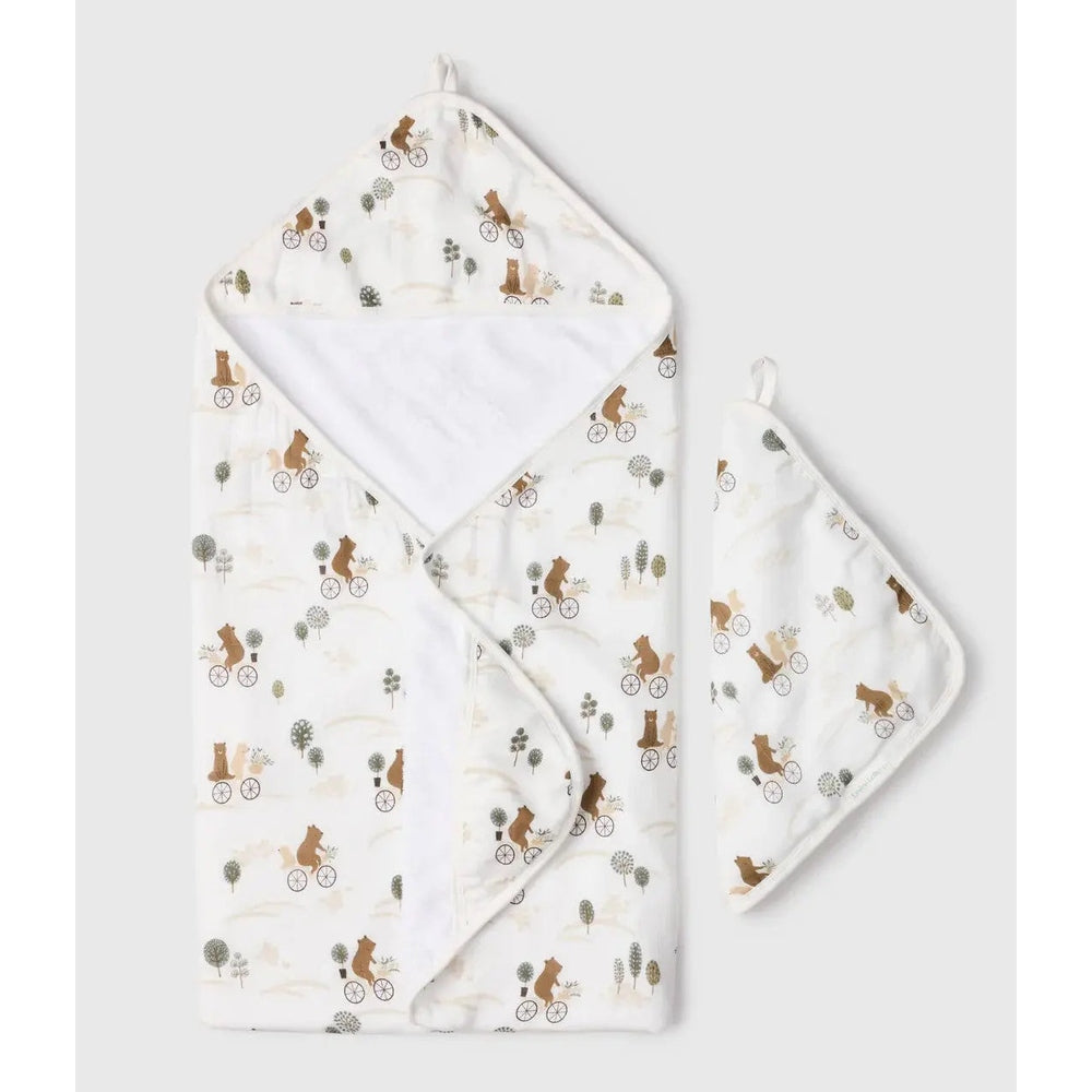 Loulou Lollipop Hooded Towel Set white with bear on bicycle print; includes hooded towel and washcloth for bath time.