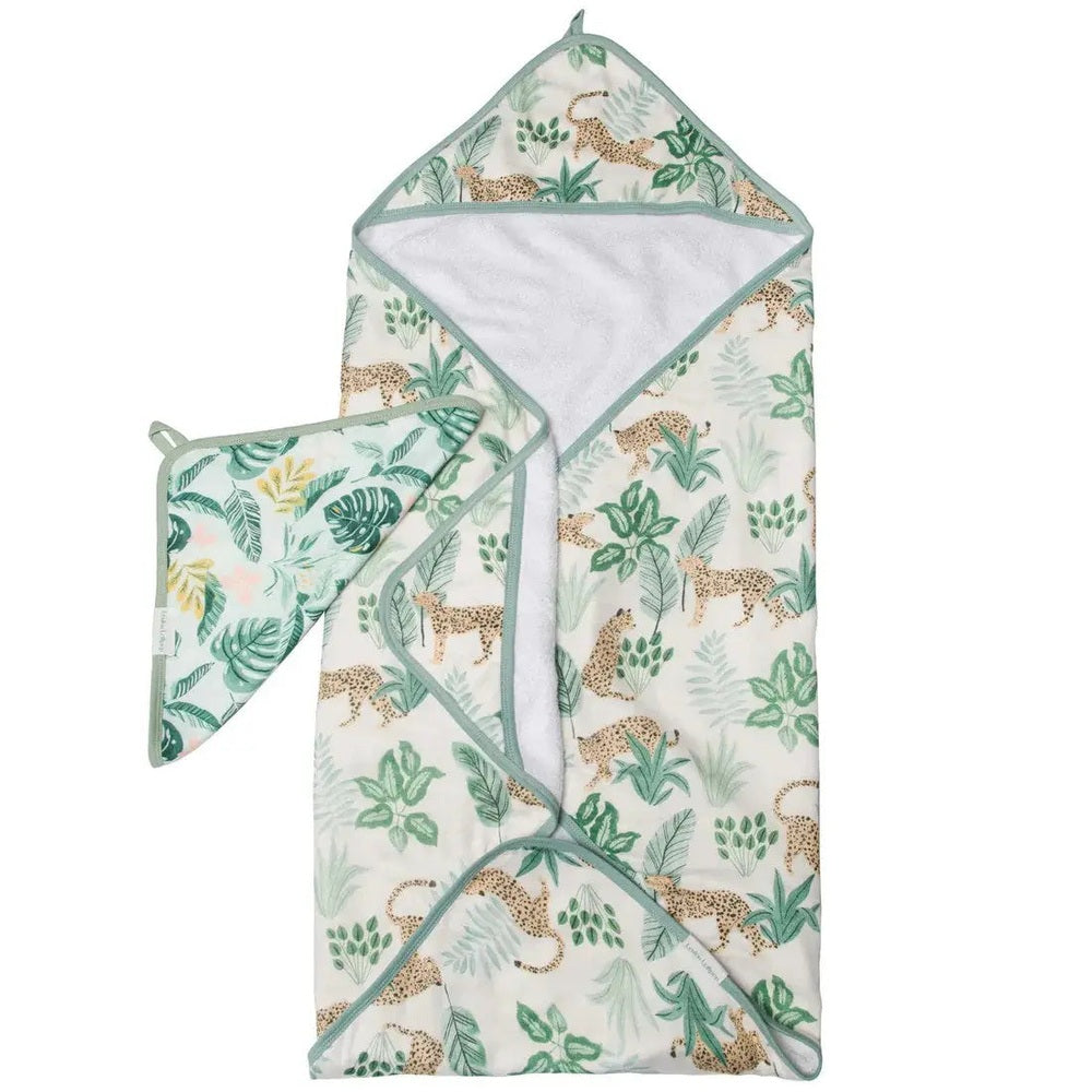 Loulou Lollipop hooded towel set in jungle print with green trim, showing hooded towel and matching washcloth.
