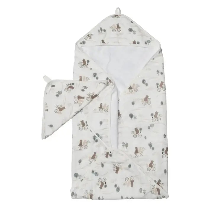Loulou Lollipop Hooded Towel Set in white with bear and bicycle print, hooded towel and matching mitts for post-bath use.