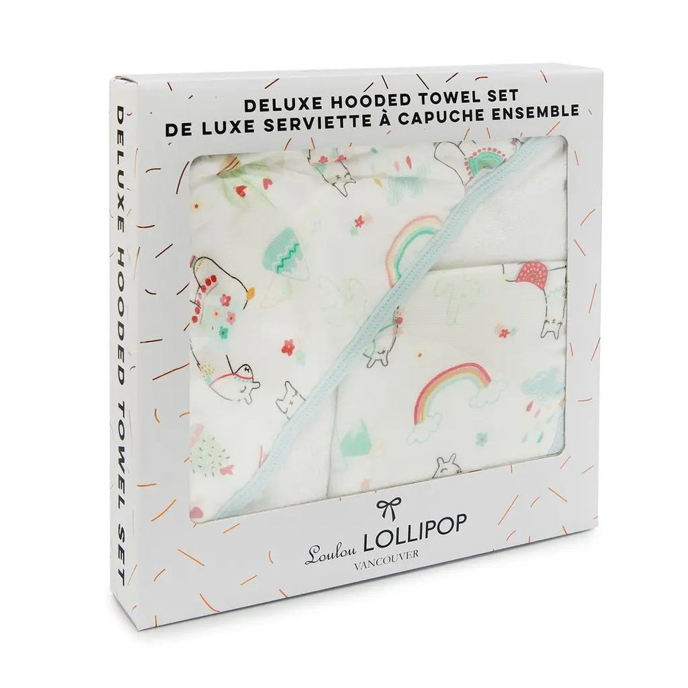 Loulou Lollipop Hooded Towel Set for babies in pastel unicorn rainbow print, neatly boxed and ready to gift.