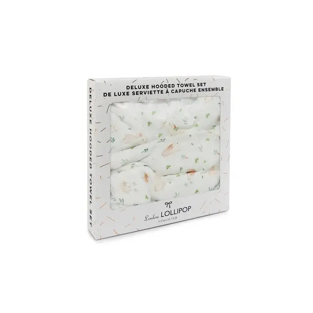 Loulou Lollipop Hooded Towel Set white floral print boxed gift set showing soft towels ready for bath time