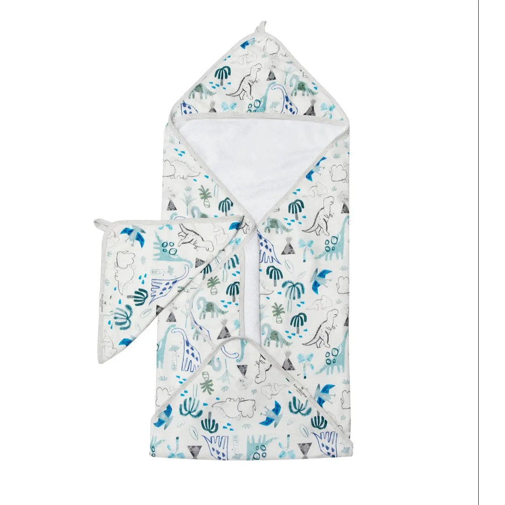 Loulou Lollipop Hooded Towel Set in teal/gray dinosaur print; hooded towel shown with wash mitt alongside.
