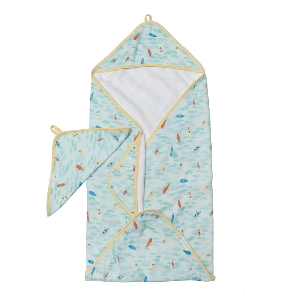 Loulou Lollipop Hooded Towel Set, blue ocean print with cream trim, hooded towel laid out with matching washcloth.