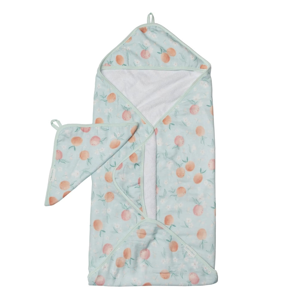 Loulou Lollipop Hooded Towel Set in mint blue peach print; hooded towel opened to reveal plush white terry and washcloth.