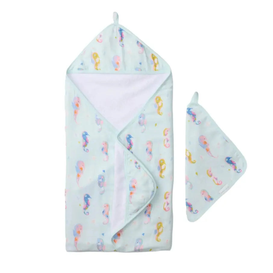 Loulou Lollipop Hooded Towel Set in pale aqua mermaid print with matching washcloth, shown laid flat with hood.
