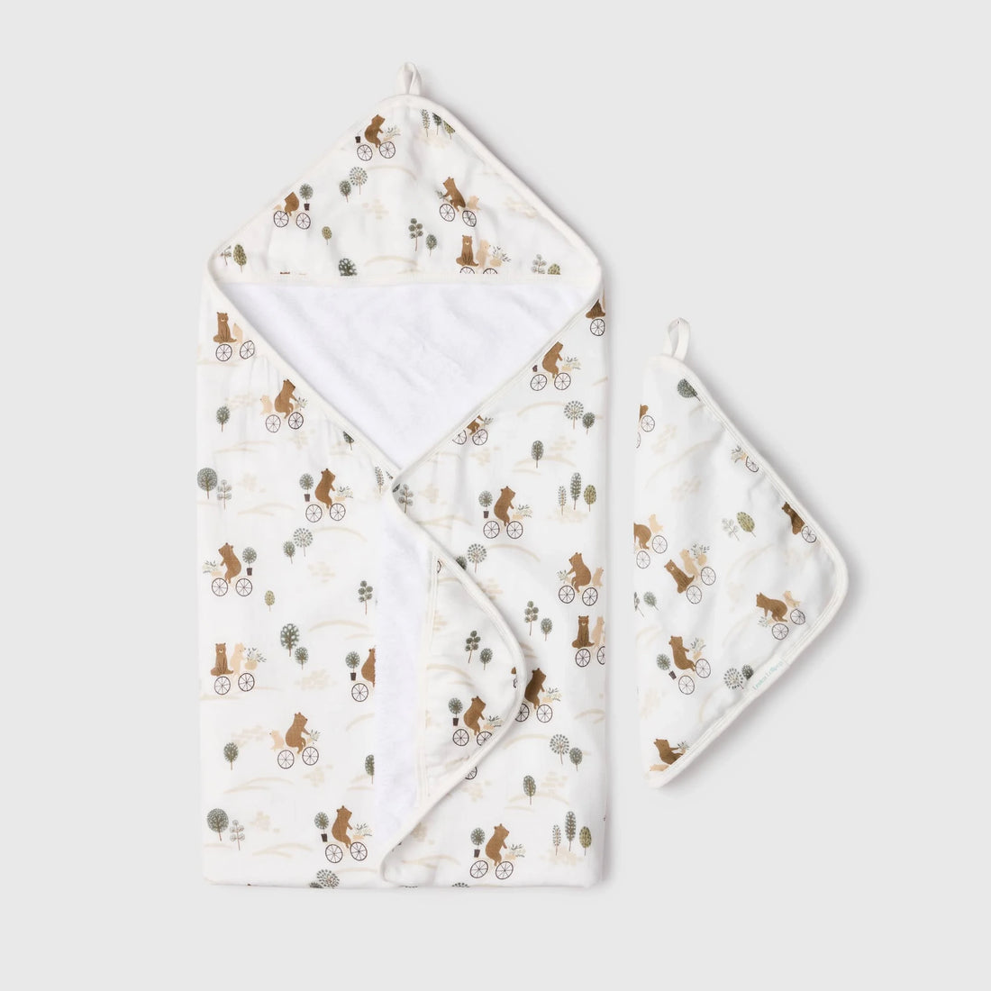 Loulou Lollipop Hooded Towel Set - Bears on Bikes — front product view.