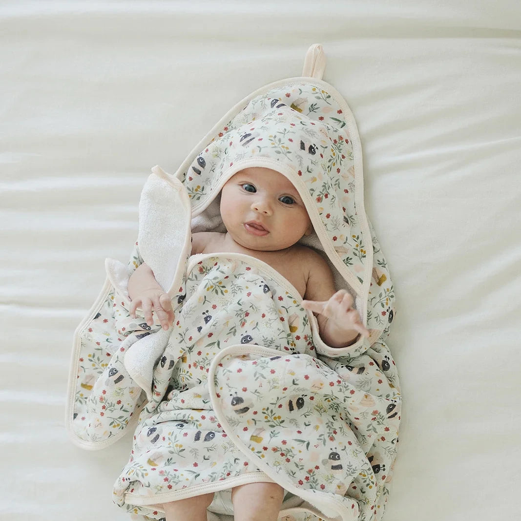 Loulou Lollipop Hooded Towel Set - Bumble Bees — baby wrapped in the hooded towel.