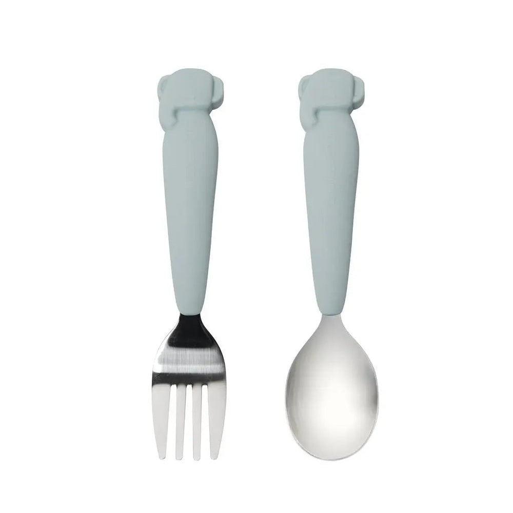 Loulou Lollipop Kids Spoon And Fork Set with gray handles, two toddler utensils shown ready to scoop and feed.