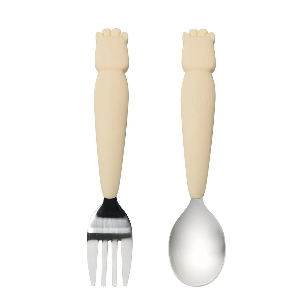 Loulou Lollipop Kids Spoon And Fork Set, beige handles with fist tops; stainless steel heads, two-piece feeding set