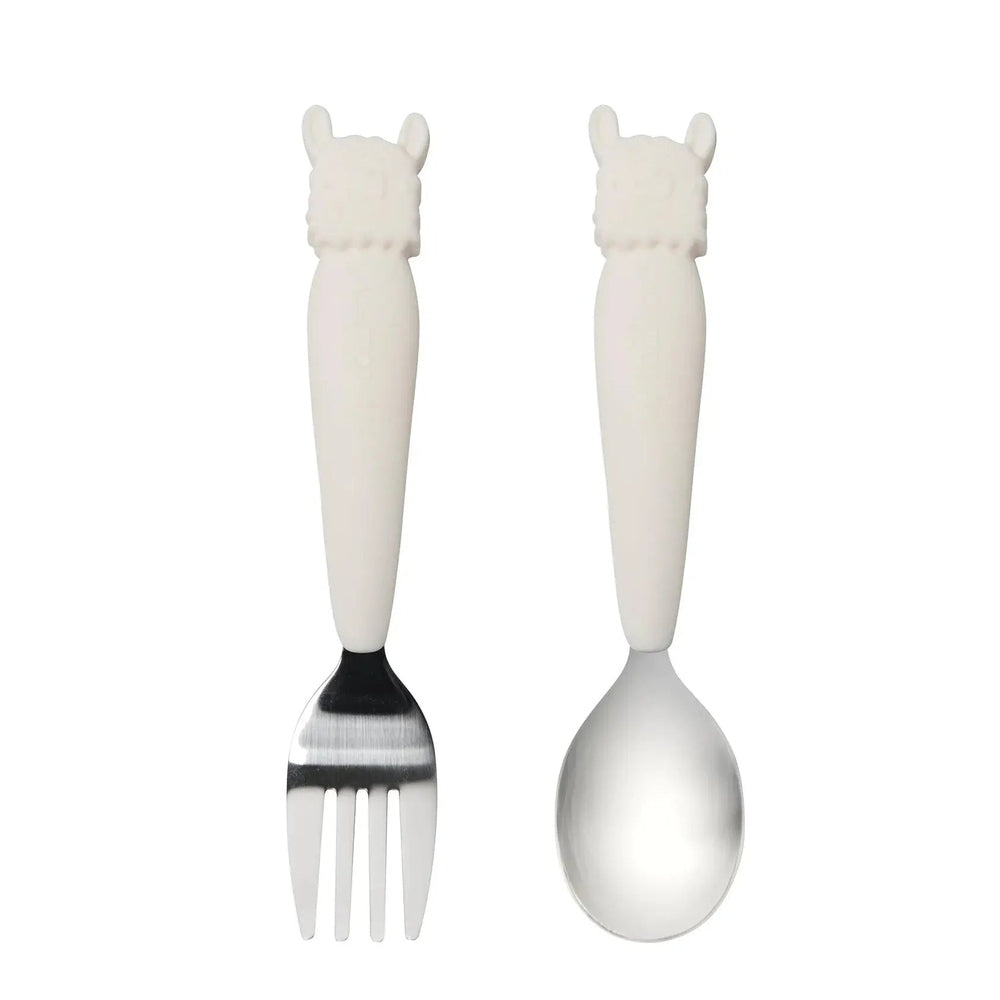 Loulou Lollipop Kids Spoon and Fork Set with white handles and stainless steel heads, shown side by side.