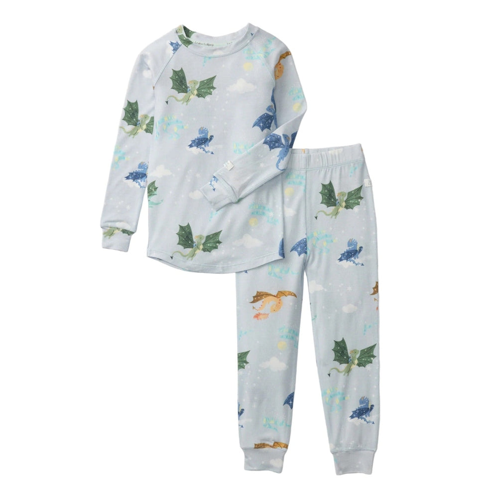Loulou Lollipop Long Sleeve Pajama Set Magical Dragons in pastel blue with dragon prints on top and pants.