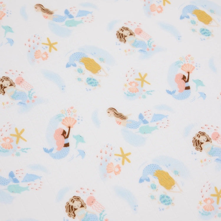 Loulou Lollipop mermaid muslin fitted crib sheet with pastel sea motifs