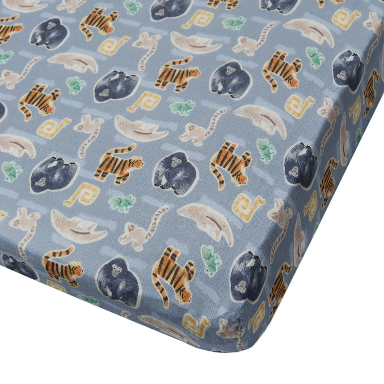Loulou Lollipop muslin fitted crib sheet Jungle Friends blue with tiger, elephant, gorilla prints
