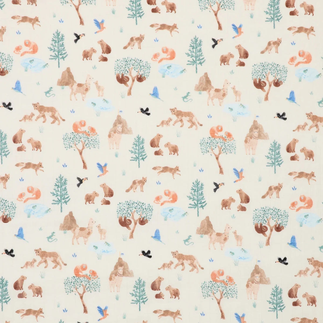 Loulou Lollipop Muslin Fitted Crib Sheet - Llama Adventures — close-up of the fitted sheet print and fabric.