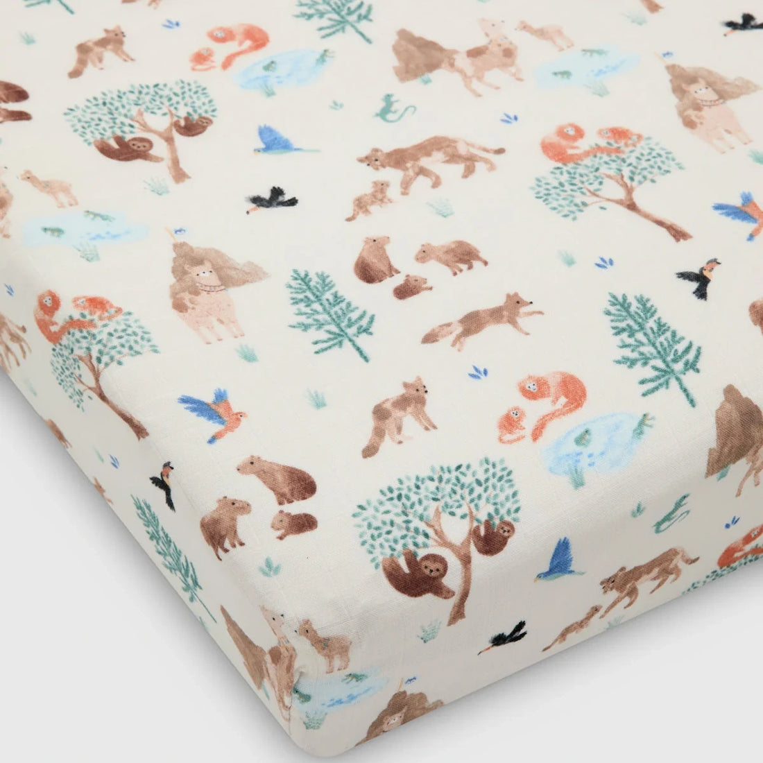 Loulou Lollipop Muslin Fitted Crib Sheet - Llama Adventures — fitted sheet shown over a mattress corner.