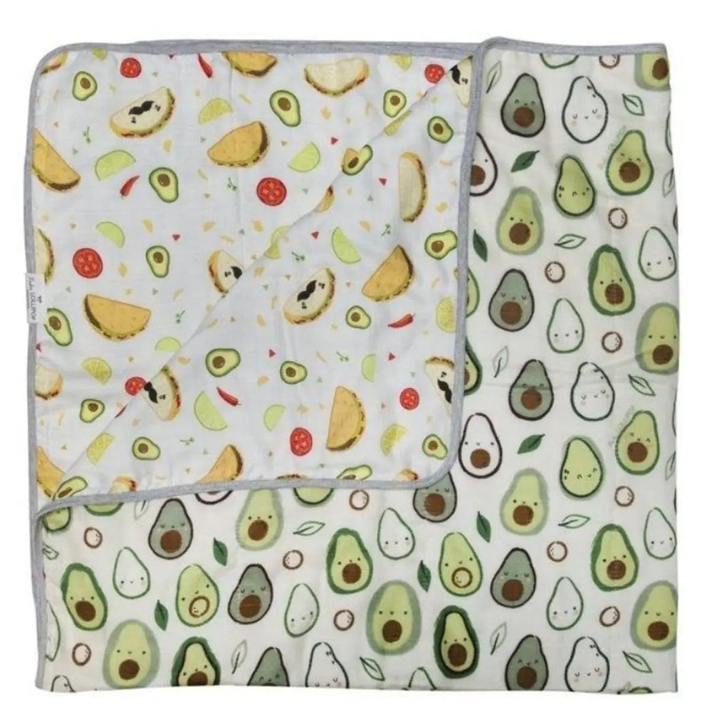 Loulou Lollipop Muslin Quilt Blanket avocado print, dual-sided pastel greens for babies.