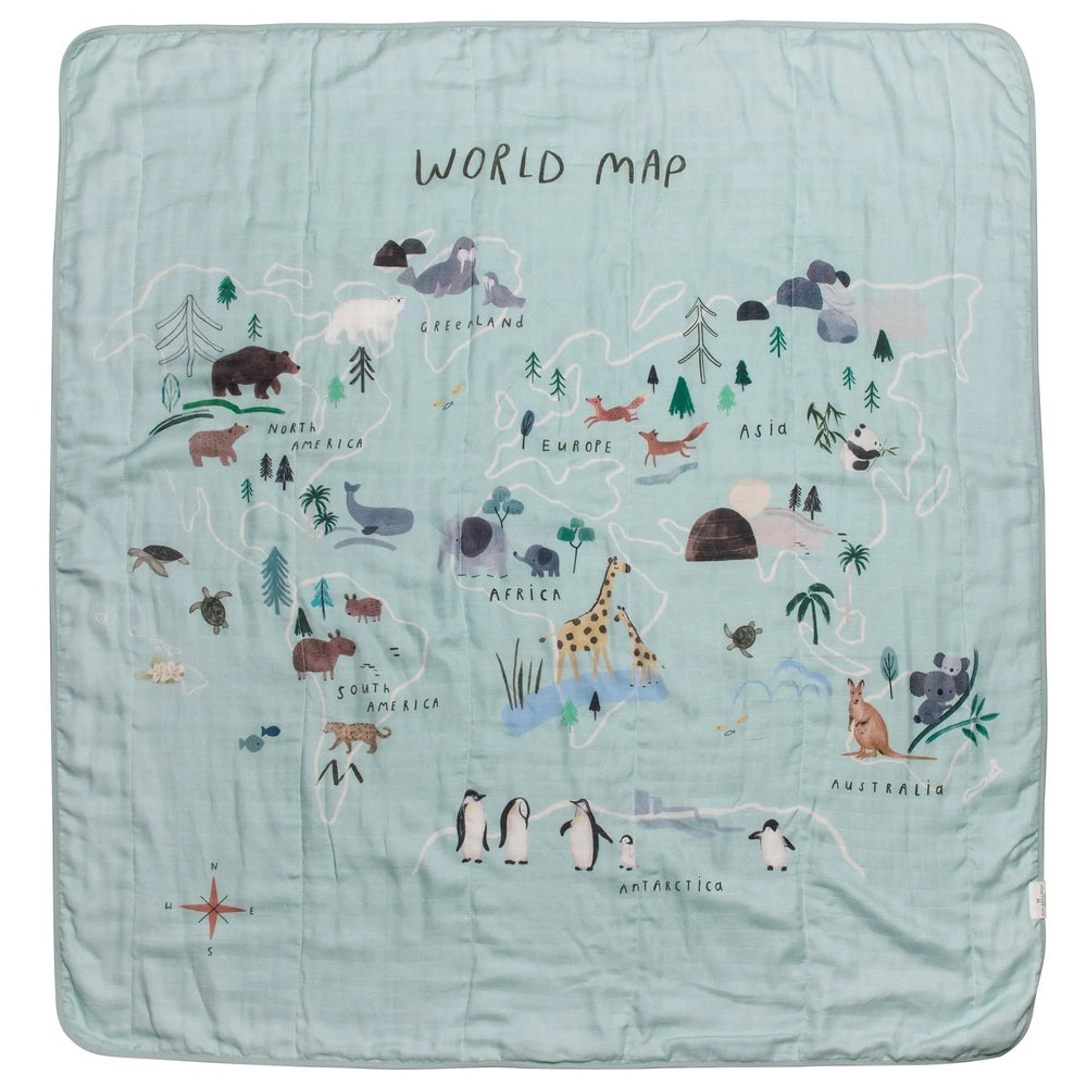 Loulou Lollipop Muslin Quilt Blanket in pastel blue world map print laid flat for babies