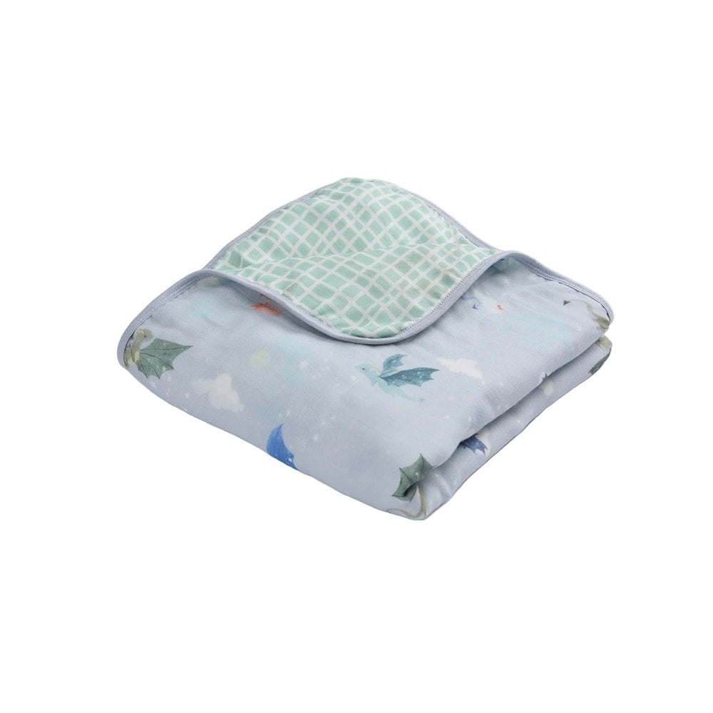 LOULOU LOLLIPOP Muslin Quilt Blanket folded to show blue cloud print and mint lattice reversibility for swaddling.