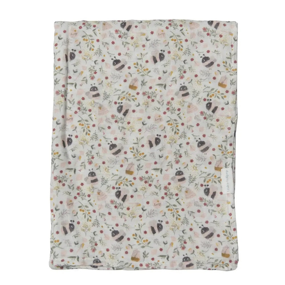 Loulou Lollipop Muslin Swaddle blanket in pastel panda-floral print, breathable cotton, laid flat.