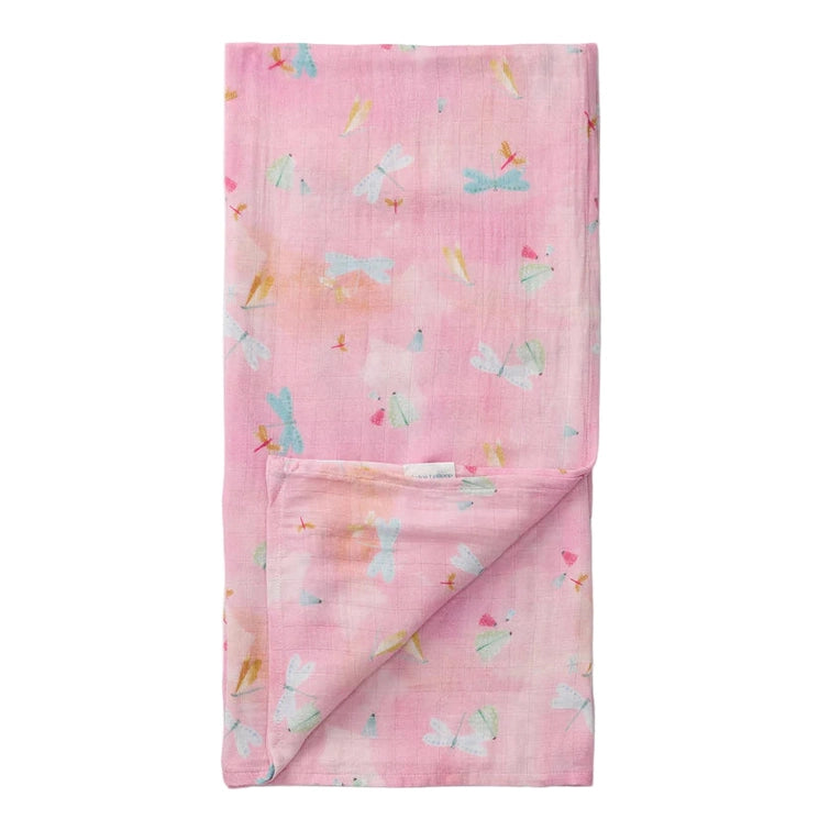 LOULOU LOLLIPOP Muslin Swaddle pink blanket with pastel bird print, folded to show soft, breathable muslin.