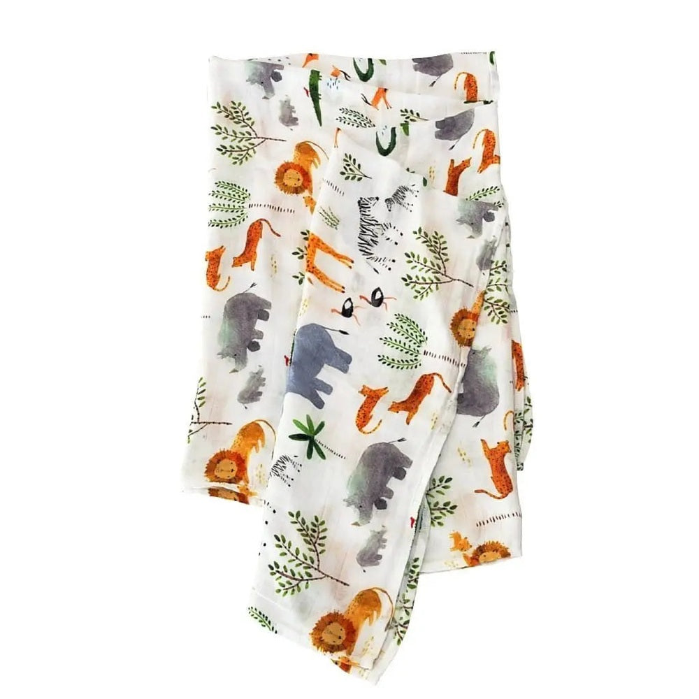 Loulou Lollipop Muslin Swaddle blanket, white with orange/gray/green jungle animals, draped to show soft, breathable fabric.