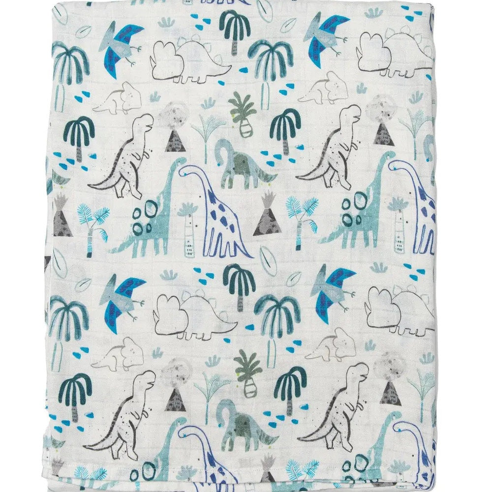 Loulou Lollipop Muslin Swaddle, teal/blue dinosaur print on white, laid flat to show breathable lightweight fabric.