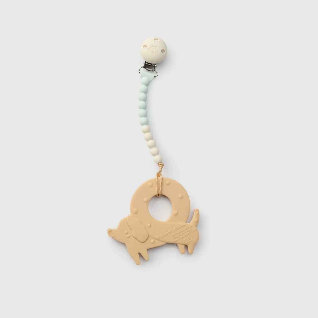 Loulou Lollipop OneC™ Silicone Clip Teether Set - Pretzel Dog — product view showing its shape and details.