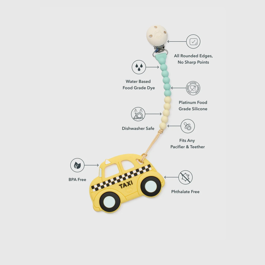 Loulou Lollipop OneC™ Silicone Clip Teether Set - Yellow Taxi — product view showing its shape and details.