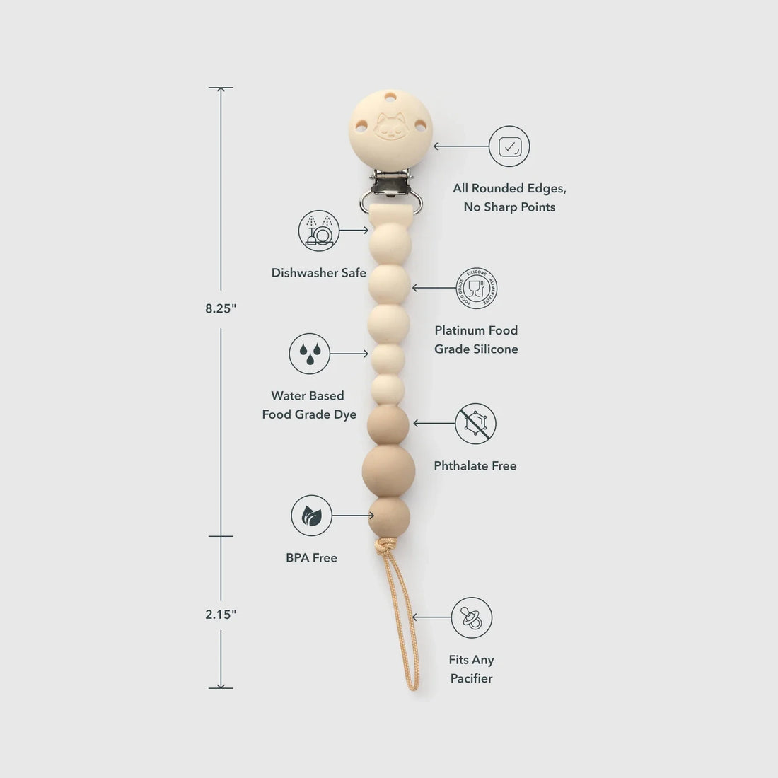 Loulou Lollipop OneC™ Silicone Pacifier Clip - Coconut Milk — product view showing its shape and details.