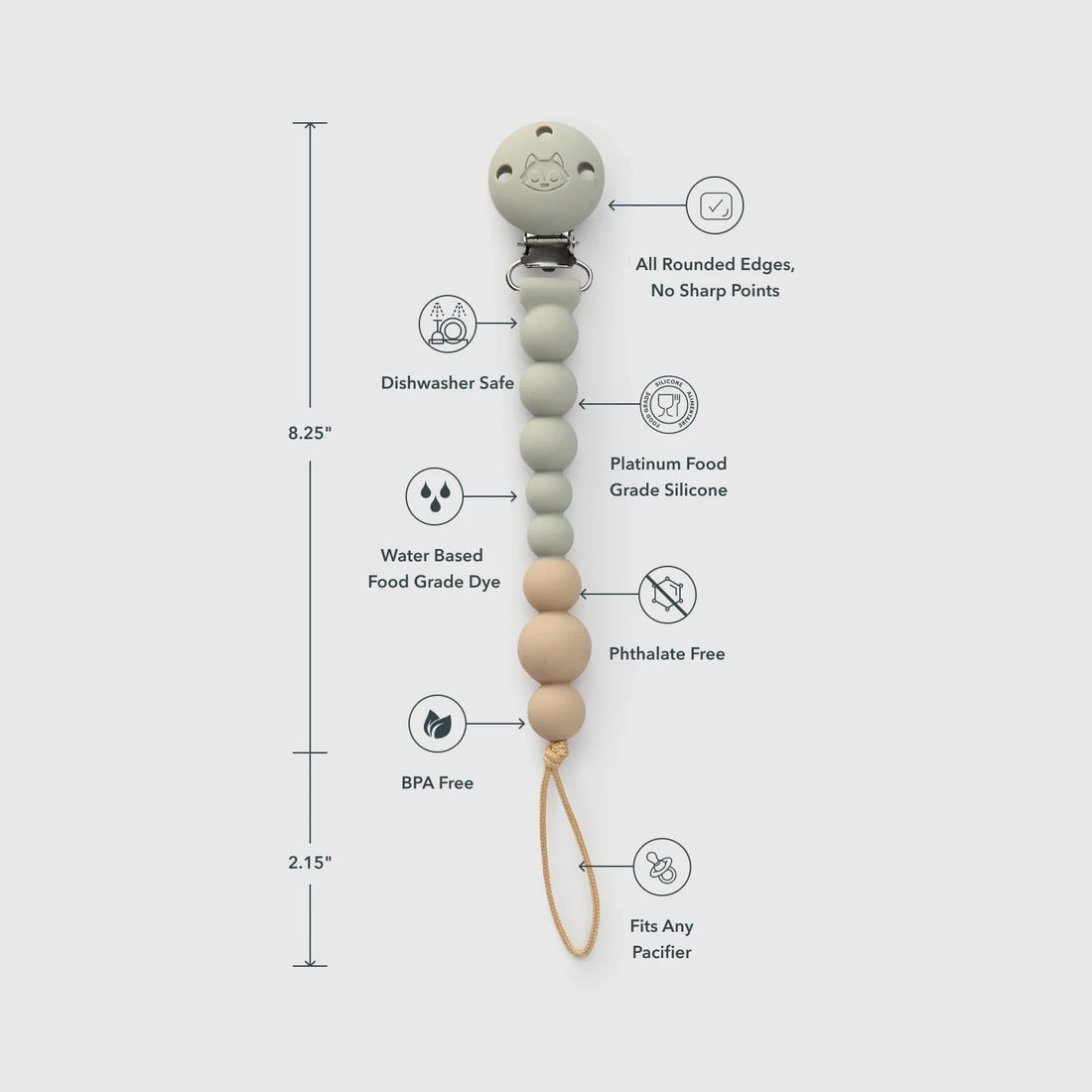 Loulou Lollipop OneC™ Silicone Pacifier Clip - Grey — product view showing its shape and details.