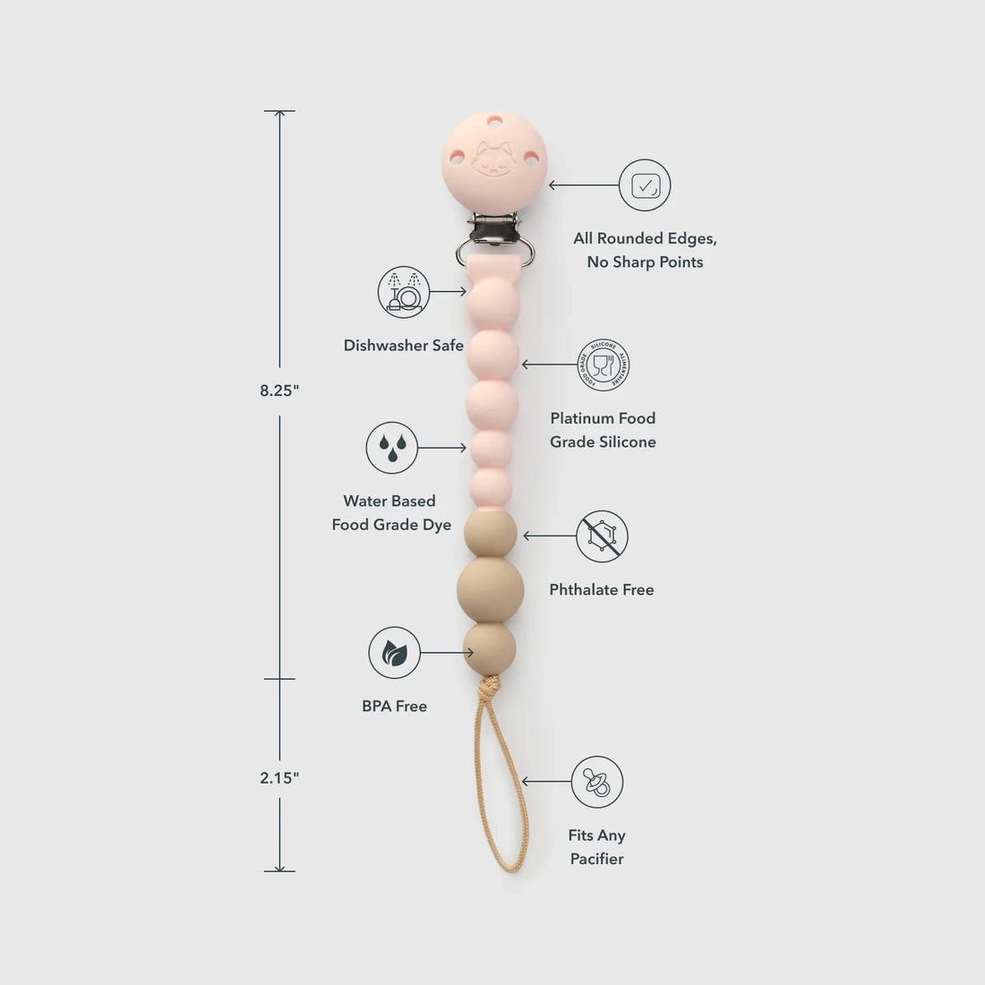 Loulou Lollipop OneC™ Silicone Pacifier Clip - Pink Quartz — product view showing its shape and details.