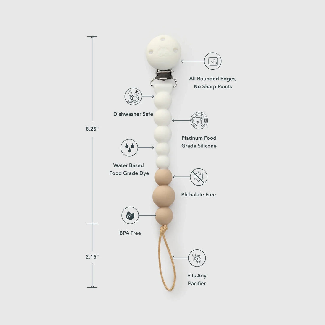 Loulou Lollipop OneC™ Silicone Pacifier Clip - White — product view showing its shape and details.