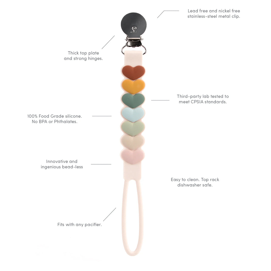 Loulou Lollipop Pacifier Clip - Beadless - Monstera — product view with feature callouts.